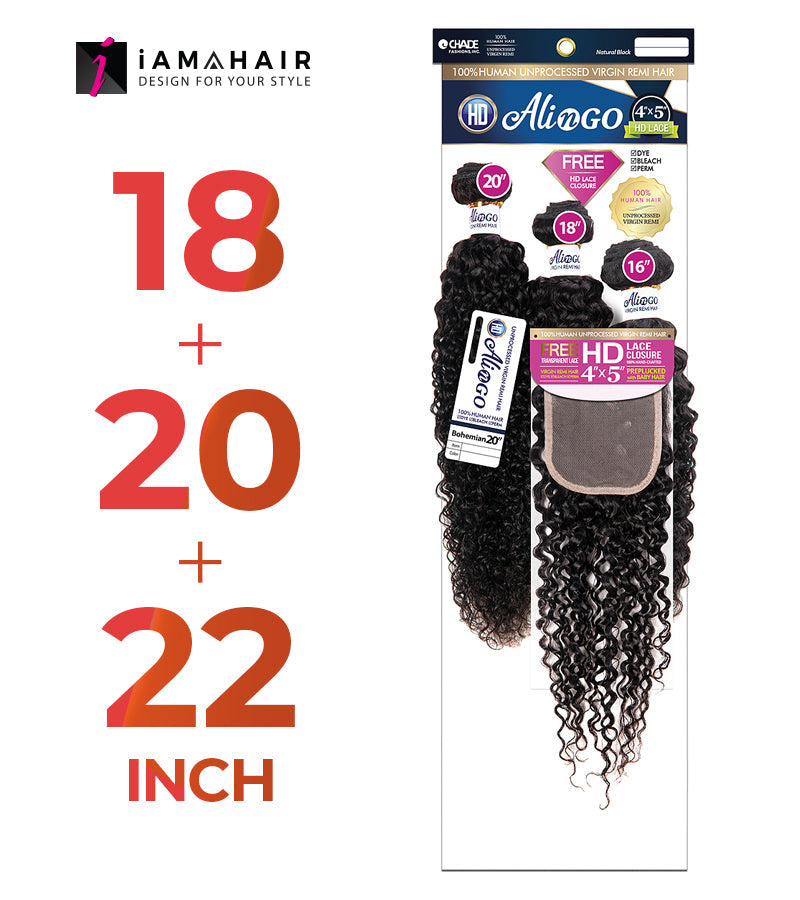 New Born Free 100% Human Hair ALI N GO 3PCS+4x5 HD CLOSURE-(18+20+22)+14 BOHEMIAN WAVE - HDAG344B5