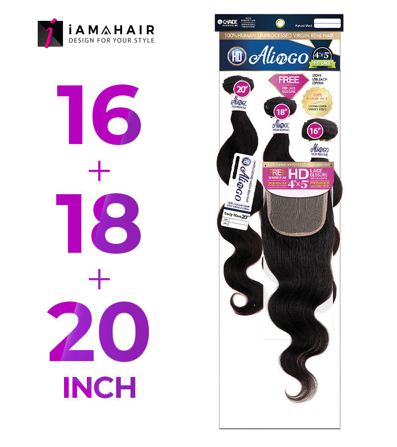New Born Free 100% Human Hair ALI N GO 3PCS+4x5 HD CLOSURE-(16+18+20)+12 BODY WAVE - HDAG344D4