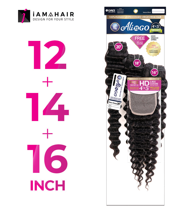 New Born Free 100% Human Hair ALI N GO 3PCS+4x5 HD CLOSURE-(12+14+16)+10 NEW DEEP - HDAG344N2