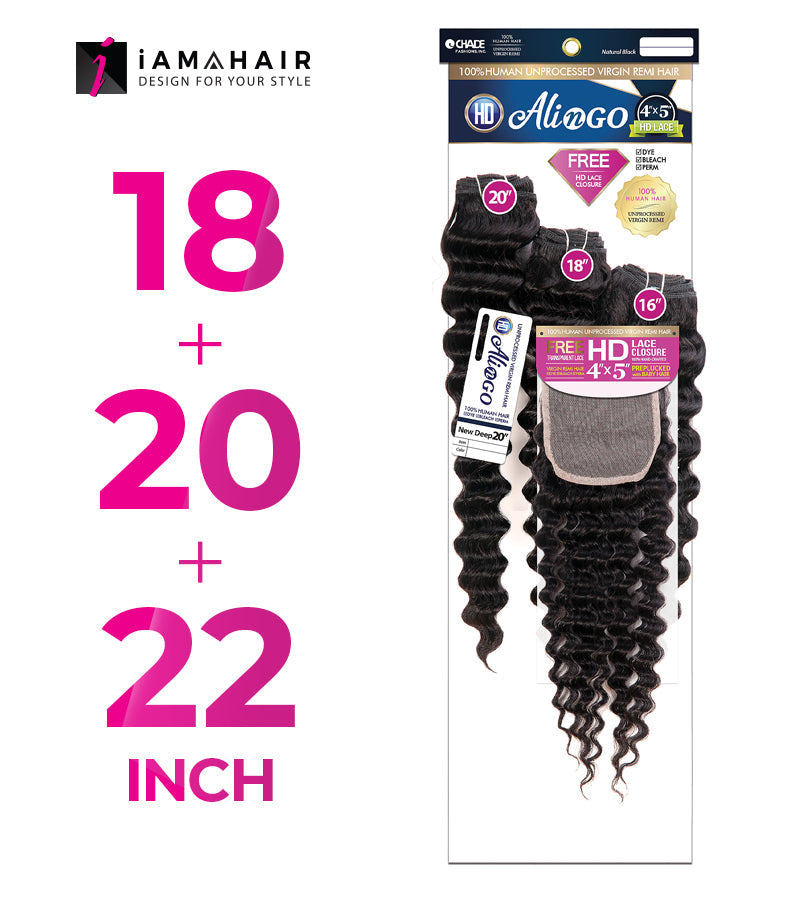 New Born Free 100% Human Hair ALI N GO 3PCS+4x5 HD CLOSURE-(18+20+22)+14 NEW DEEP - HDAG344N5
