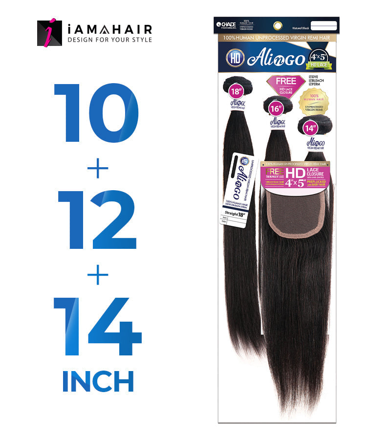 New Born Free 100% Human Hair ALI N GO 3PCS+4x5 HD CLOSURE-(10+12+14)+10 STRAIGHT - HDAG344S1