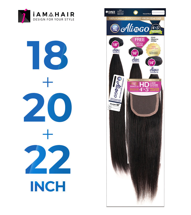 New Born Free 100% Human Hair ALI N GO 3PCS+4x5 HD CLOSURE-(18+20+22)+14 STRAIGHT - HDAG344S5